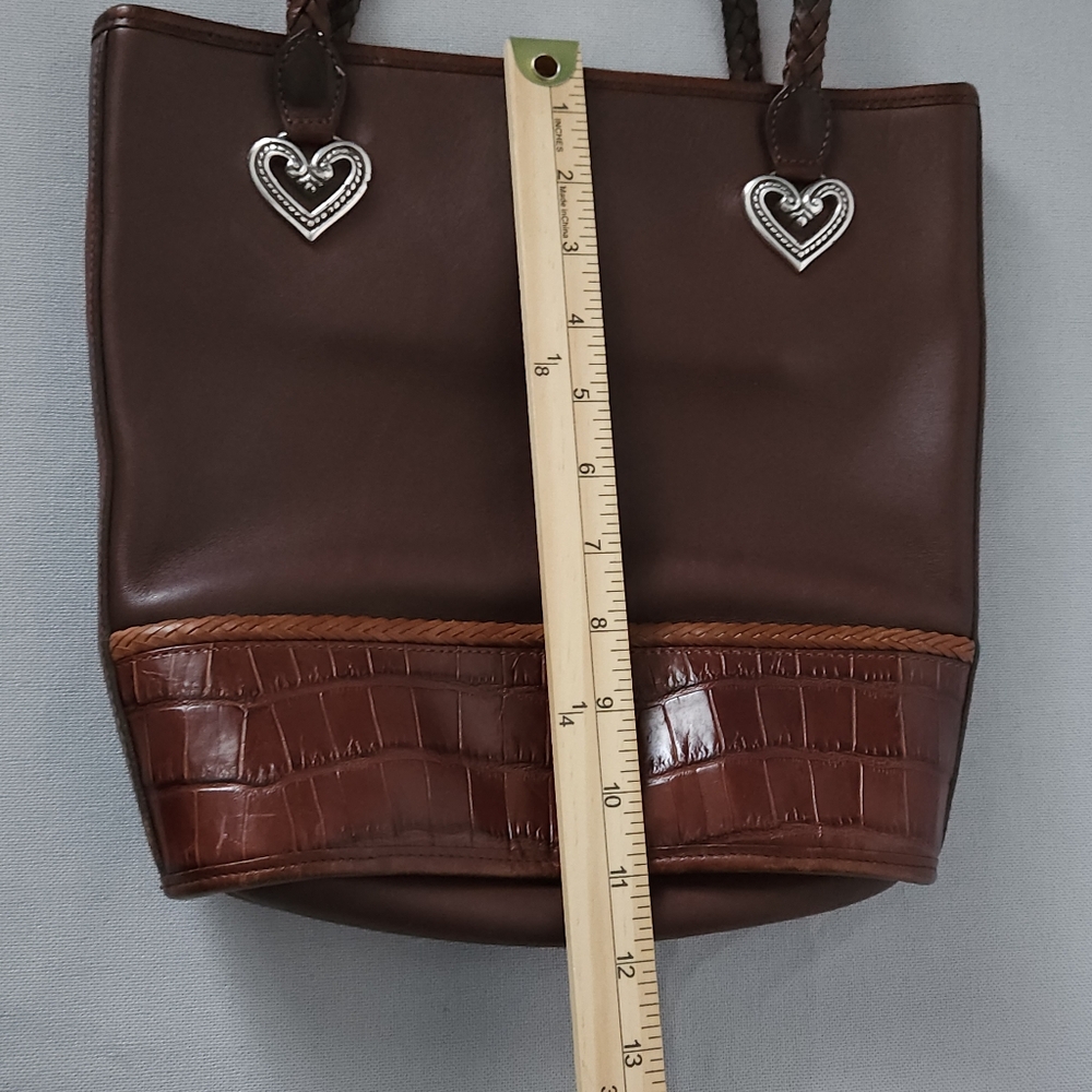 Brighton Leather Shoulder Tote Bag Brown Croc Embossed Trim Braided Straps Heart - Picture 10 of 12